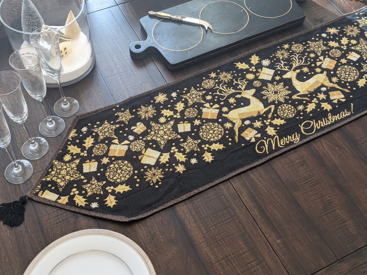 DaDa Bedding Magical Golden Reindeer Woven Tapestry Dining Table Runner (18272) from DaDalogy Bedding Collection