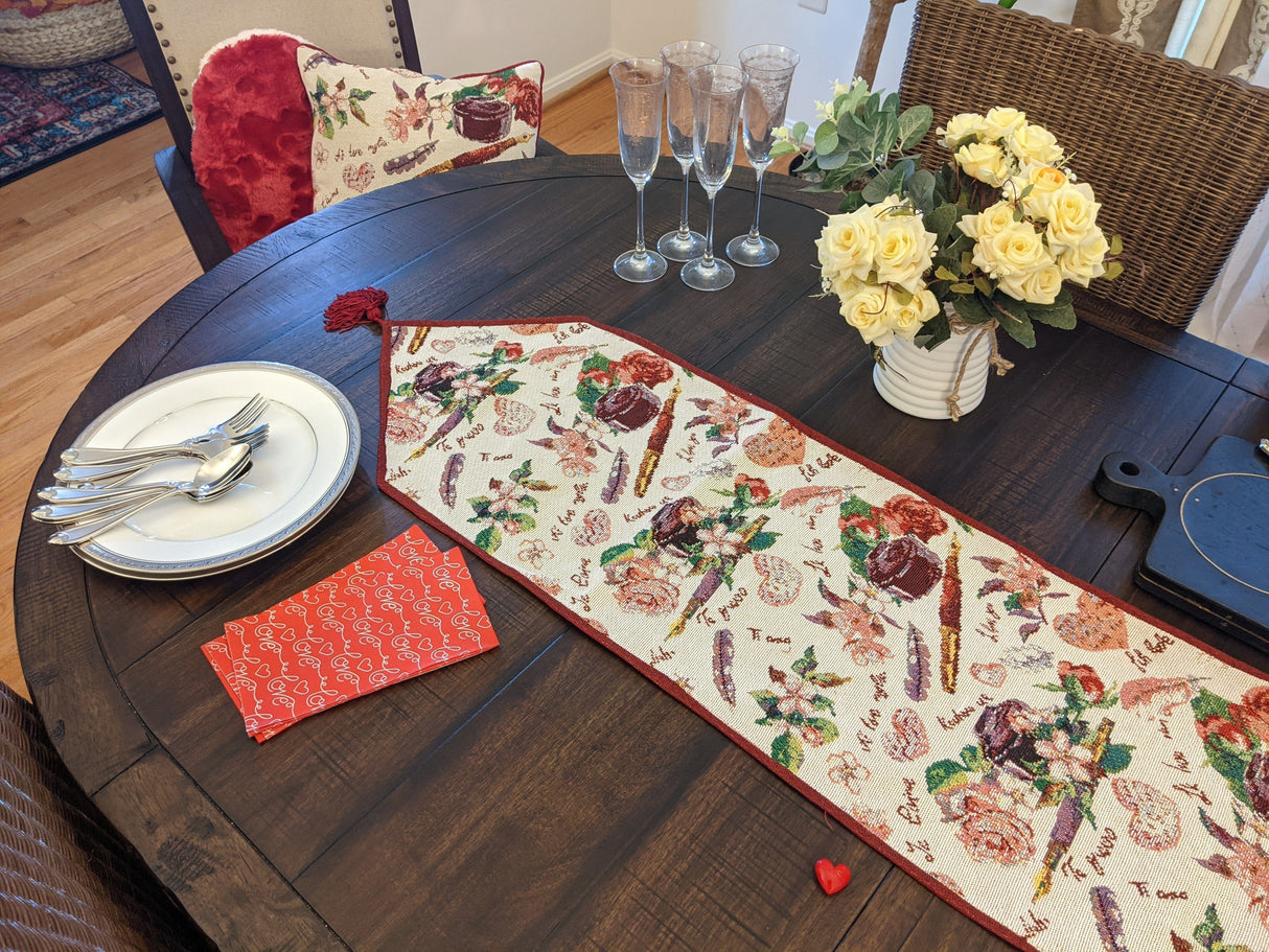 DaDa Bedding Sweet Heart Love Notes Pink Floral Woven Tapestry Dining Table Runner (18273) from DaDalogy Bedding Collection