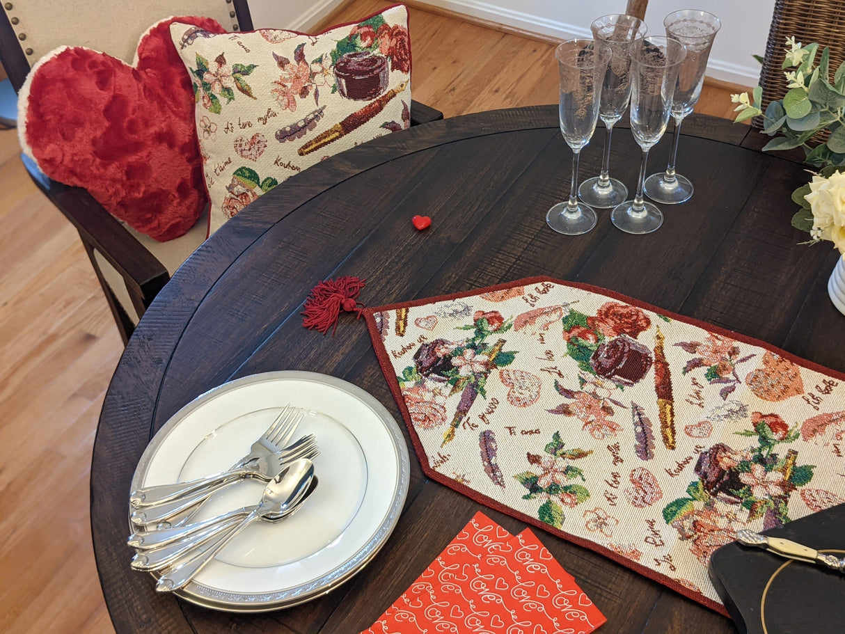 DaDa Bedding Sweet Heart Love Notes Pink Floral Woven Tapestry Dining Table Runner (18273) from DaDalogy Bedding Collection