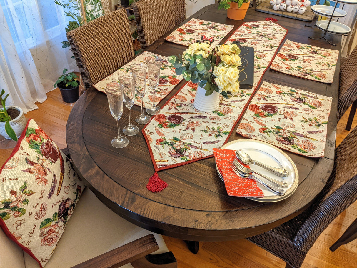 DaDa Bedding Sweet Heart Love Notes Pink Floral Woven Tapestry Dining Table Runner (18273) from DaDalogy Bedding Collection