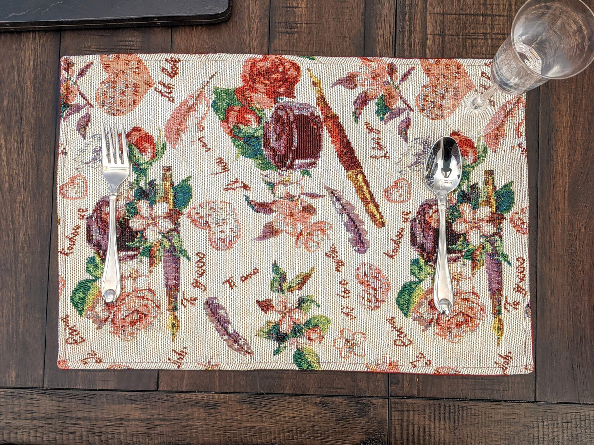DaDa Bedding Set of 4-Pieces Sweet Love Notes Pink Floral Tapestry Dining Table Placemats 13” x 19” from DaDalogy Bedding Collection