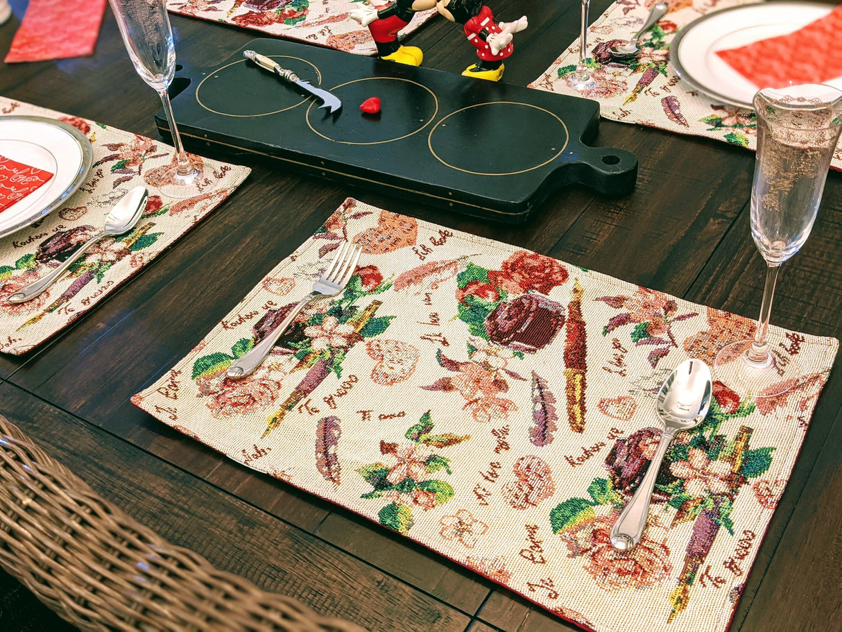 DaDa Bedding Set of 4-Pieces Sweet Love Notes Pink Floral Tapestry Dining Table Placemats 13” x 19” from DaDalogy Bedding Collection