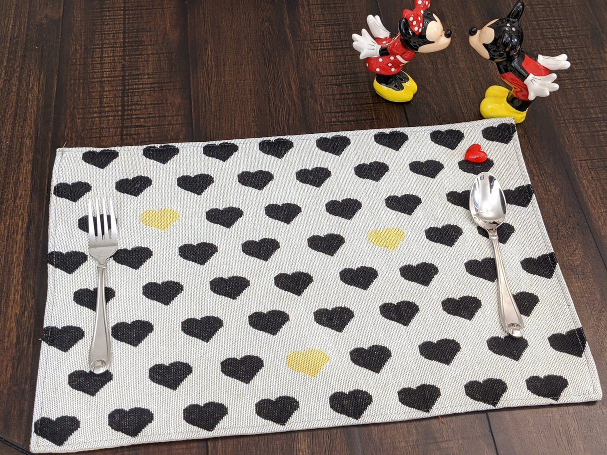 DaDa Bedding Set of 4-Pieces Lovely Yellow & Black Hearts Tapestry Dining Table Placemats 13” x 19” (18113) from DaDalogy Bedding Collection