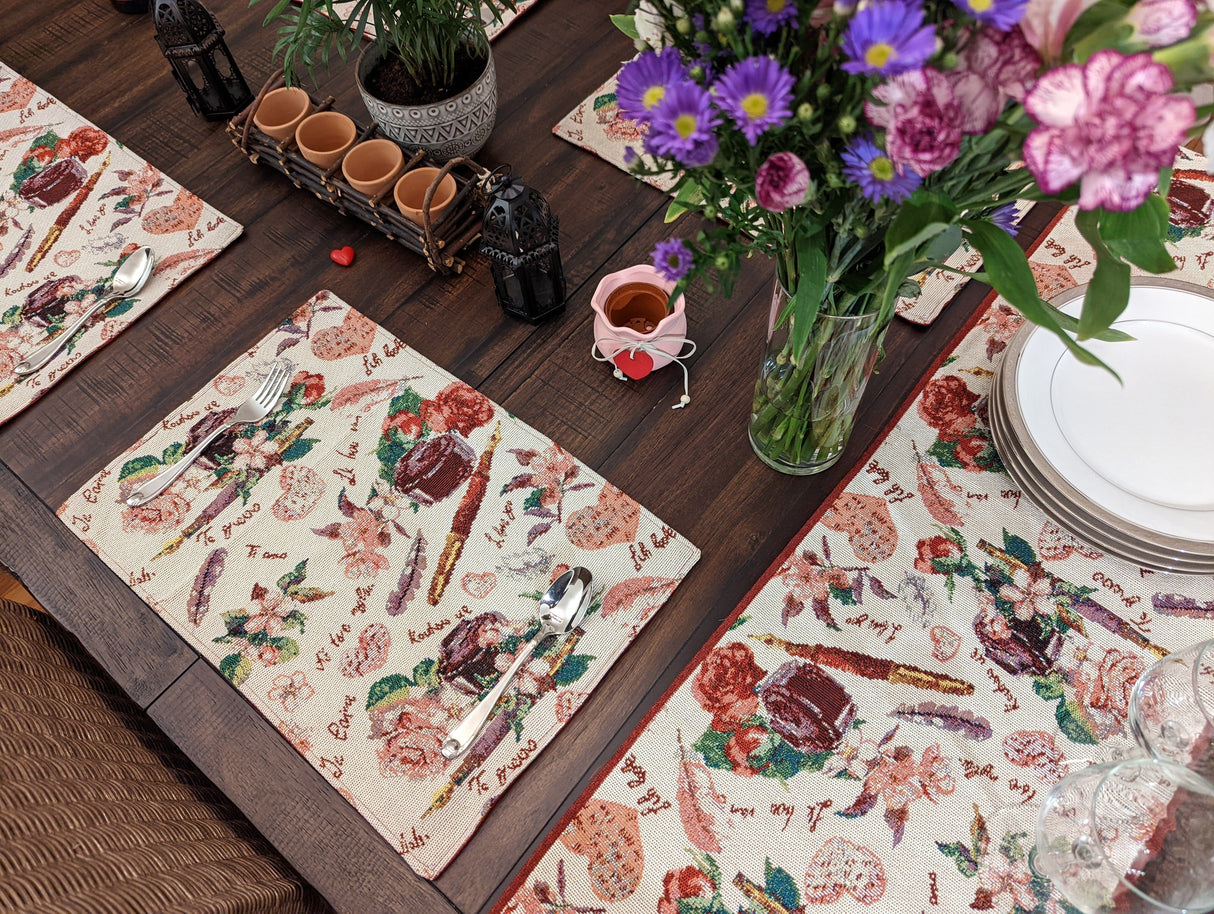 DaDa Bedding Set of 4-Pieces Sweet Love Notes Pink Floral Tapestry Dining Table Placemats 13” x 19” from DaDalogy Bedding Collection
