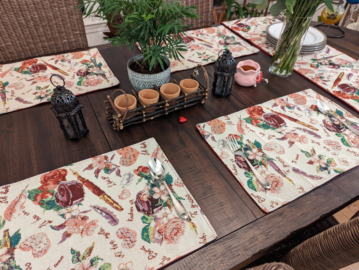 DaDa Bedding Set of 4-Pieces Sweet Love Notes Pink Floral Tapestry Dining Table Placemats 13” x 19” from DaDalogy Bedding Collection