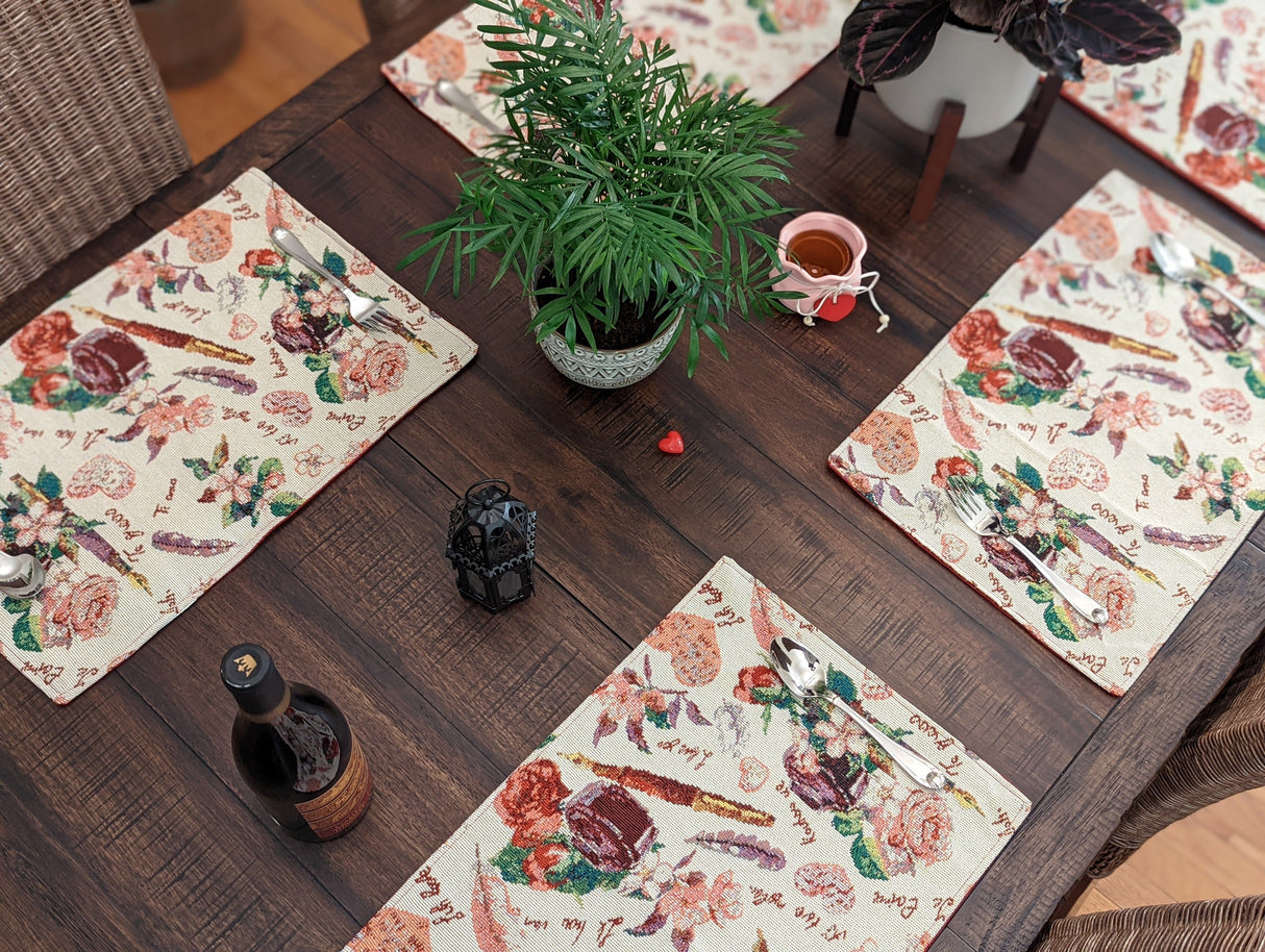 DaDa Bedding Set of 4-Pieces Sweet Love Notes Pink Floral Tapestry Dining Table Placemats 13” x 19” from DaDalogy Bedding Collection