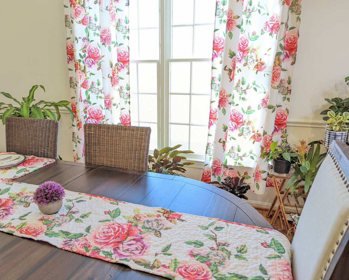 DaDa Bedding Romantic Roses Pink White Lovely Floral Quilted Dining Table Runner (879) from DaDalogy Bedding Collection