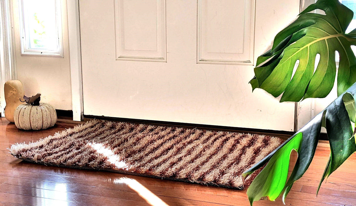 DaDa Bedding Shaggy Soft Door Mat Carpet Rug - 20" x 32" Striped Shiny Coffee Light Beige / Dark Brown from DaDalogy Bedding Collection