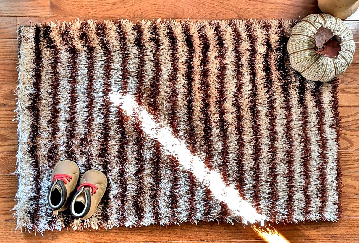DaDa Bedding Shaggy Soft Door Mat Carpet Rug - 20" x 32" Striped Shiny Coffee Light Beige / Dark Brown from DaDalogy Bedding Collection