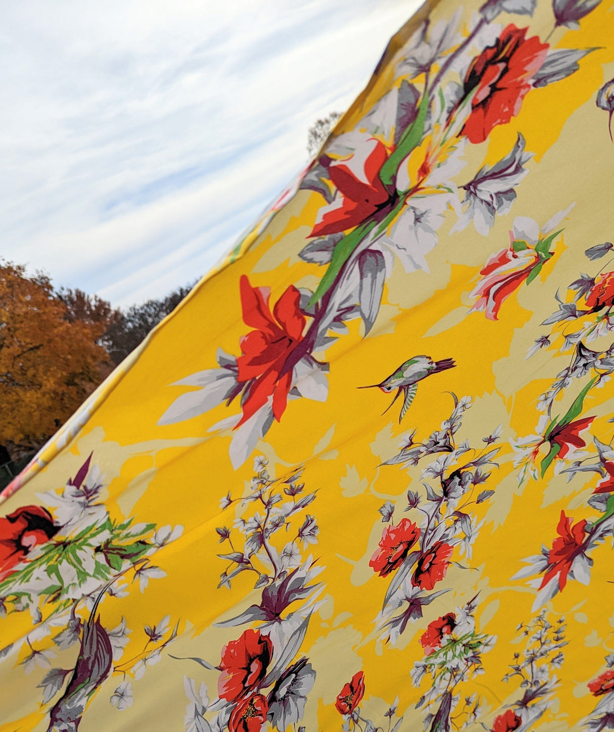 DaDa Bedding Set of 2 Radiant Sunshine Yellow Floral Window Curtain Panels - Natural Semi Sheer Hummingbirds Farmhouse Red Flowers Straight Tailored Edge from DaDalogy Bedding Collection