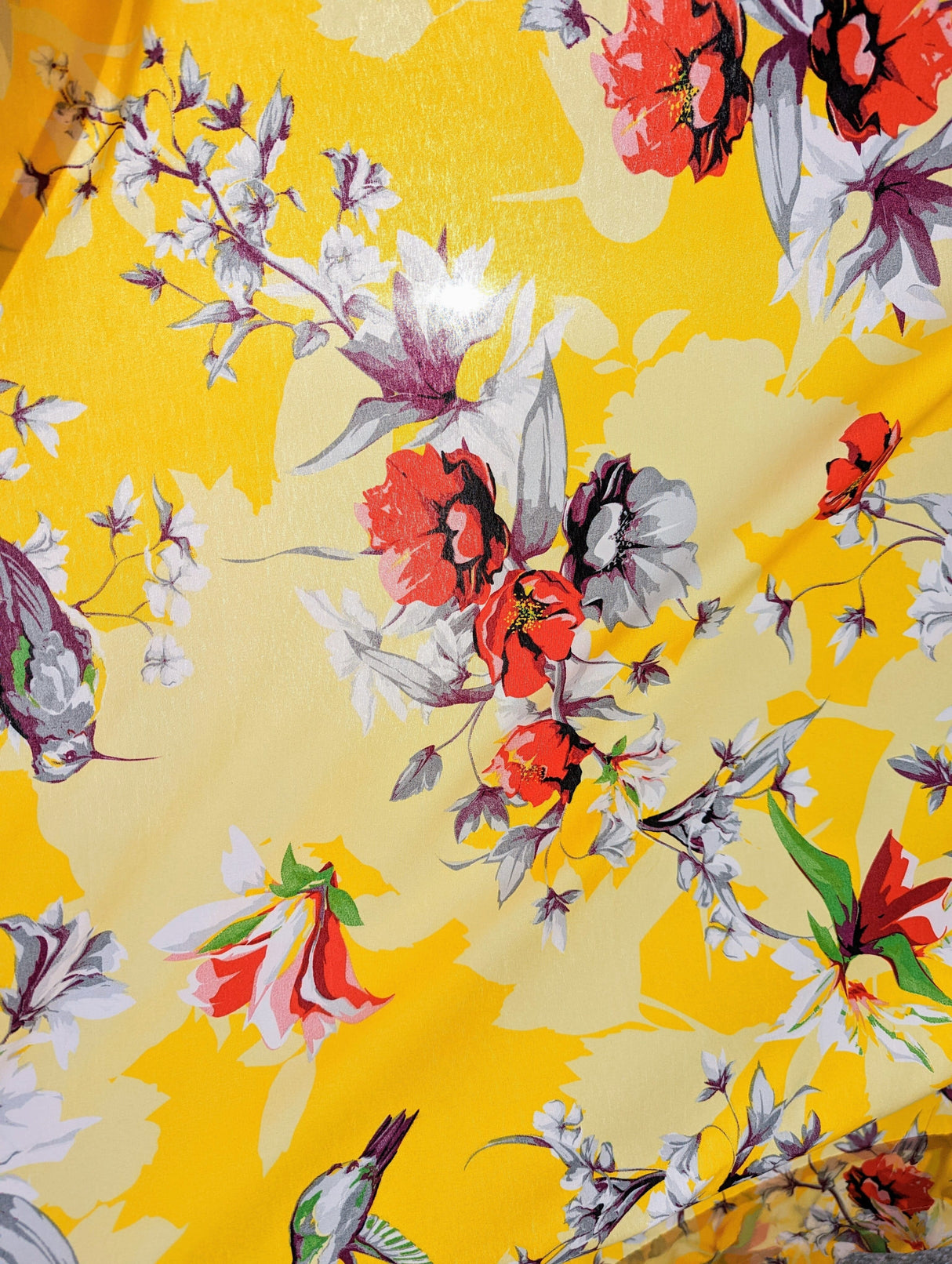 DaDa Bedding Set of 2 Radiant Sunshine Yellow Floral Window Curtain Panels - Natural Semi Sheer Hummingbirds Farmhouse Red Flowers Straight Tailored Edge from DaDalogy Bedding Collection