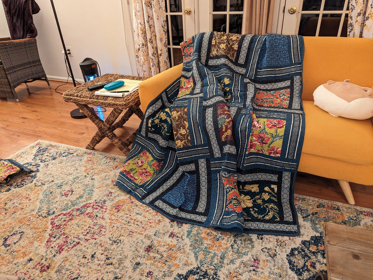 DaDa Bedding Bohemian Floral Midnight Ocean Blue Cotton Patchwork Bedspread Set (JHW-572) from DaDalogy Bedding Collection