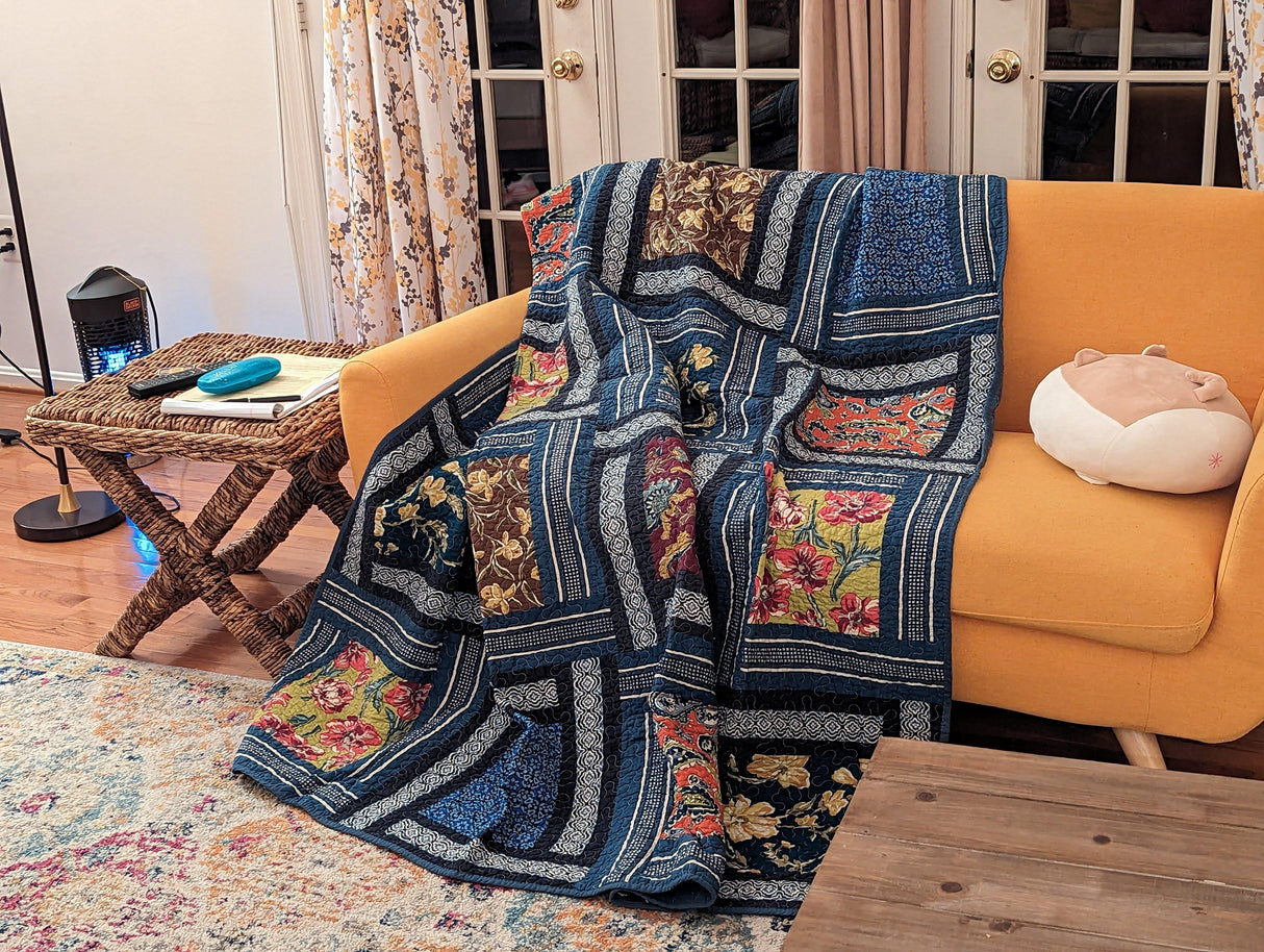 DaDa Bedding Bohemian Floral Midnight Ocean Blue Cotton Patchwork Bedspread Set (JHW-572) from DaDalogy Bedding Collection