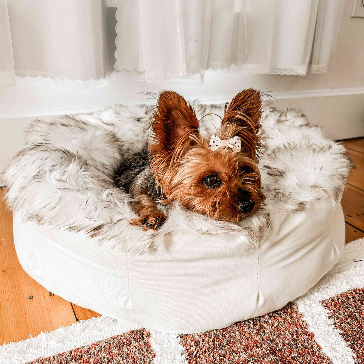 PupPouf™ Faux Fur Donut Dog Bed - White with Brown Accents from Paw.com
