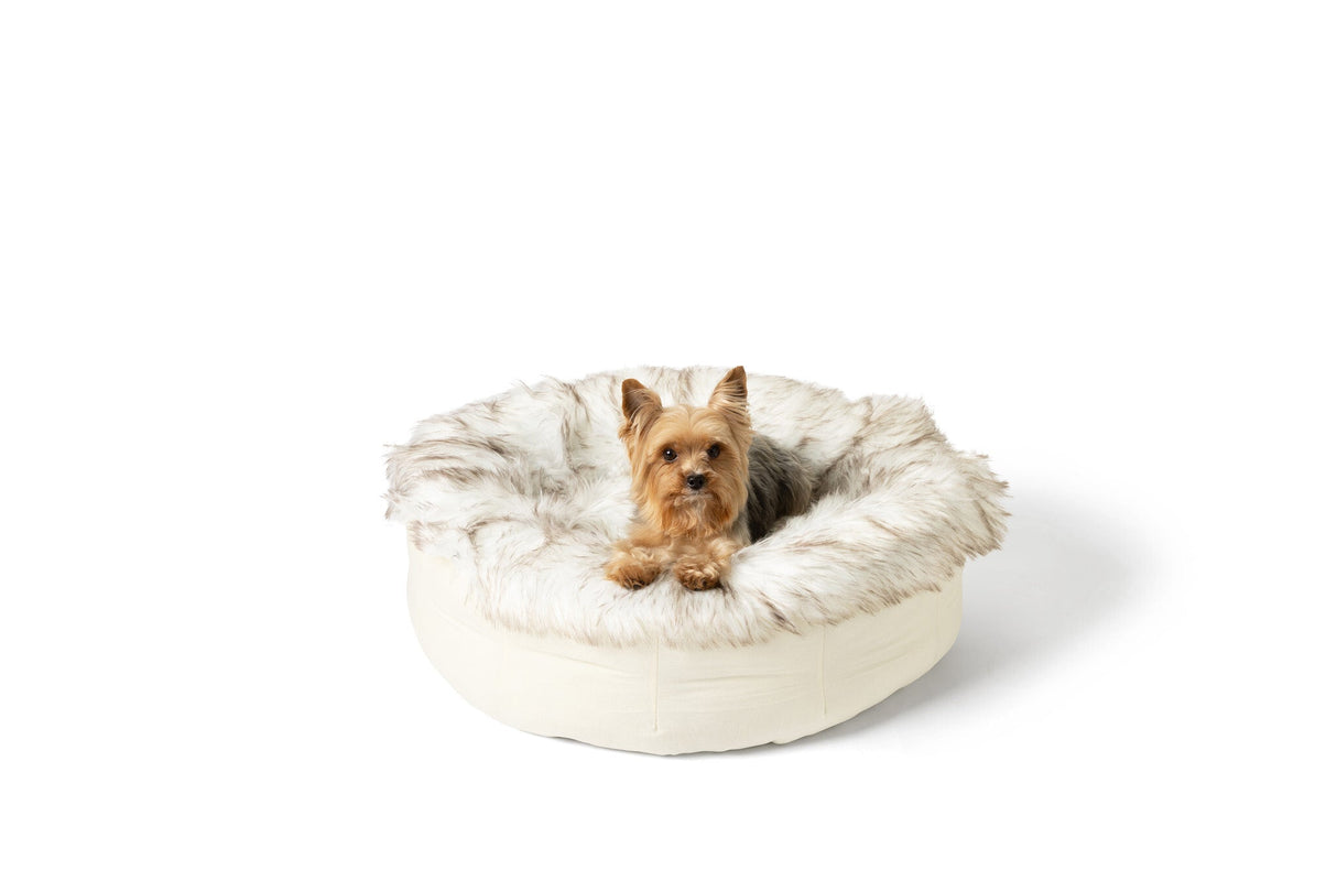 PupPouf™ Faux Fur Donut Dog Bed - White with Brown Accents from Paw.com