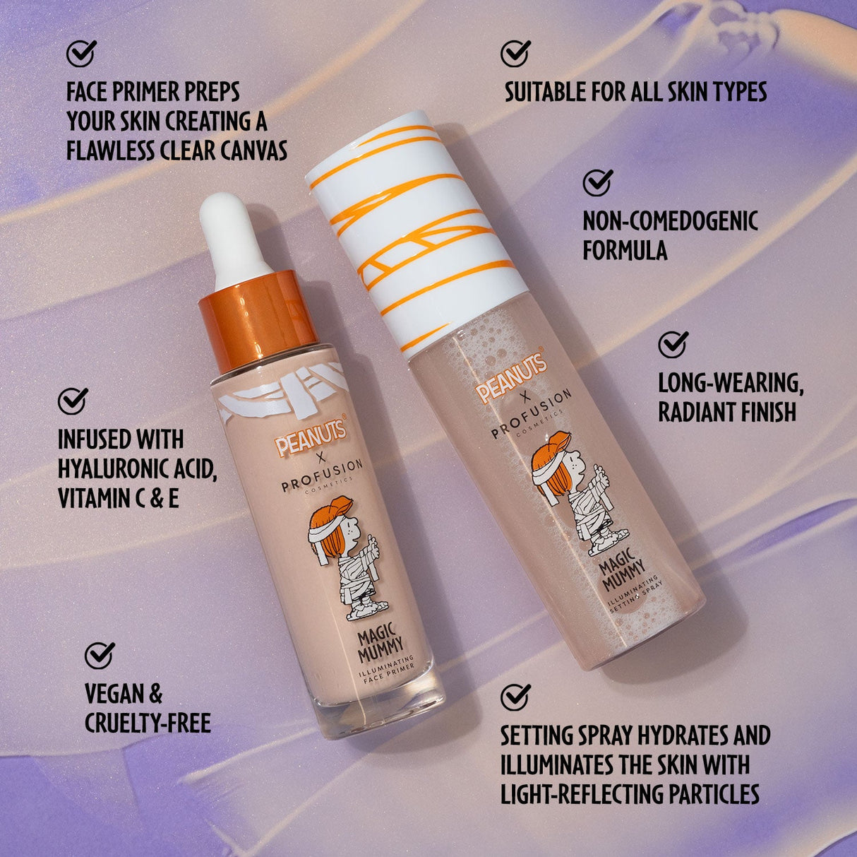 Peanuts Halloween | Magic Mummy Illuminating Face Primer & Setting Spray Set from Profusion Cosmetics