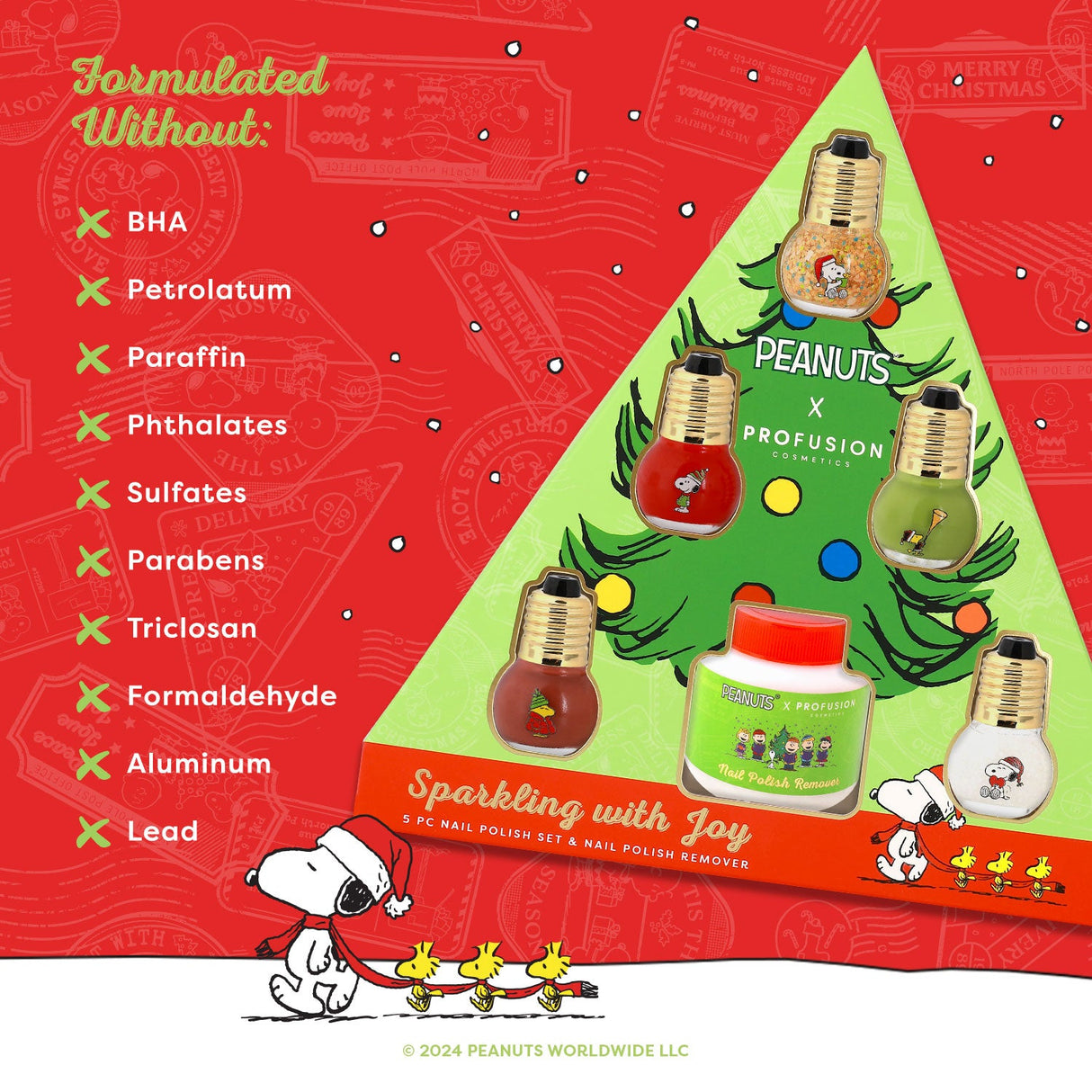 Peanuts Holiday | Sparkling With Joy 5 PC Nail Polish Set & Nail Polish Remover from Profusion Cosmetics