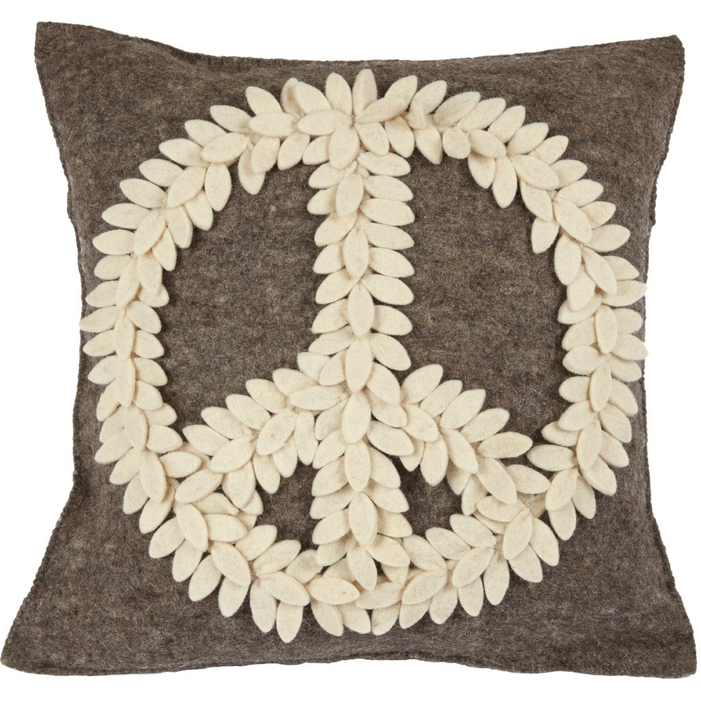 Hand Felted Wool Pillow Cover –Cream Peace Sign on Gray – 20” from Arcadia Home