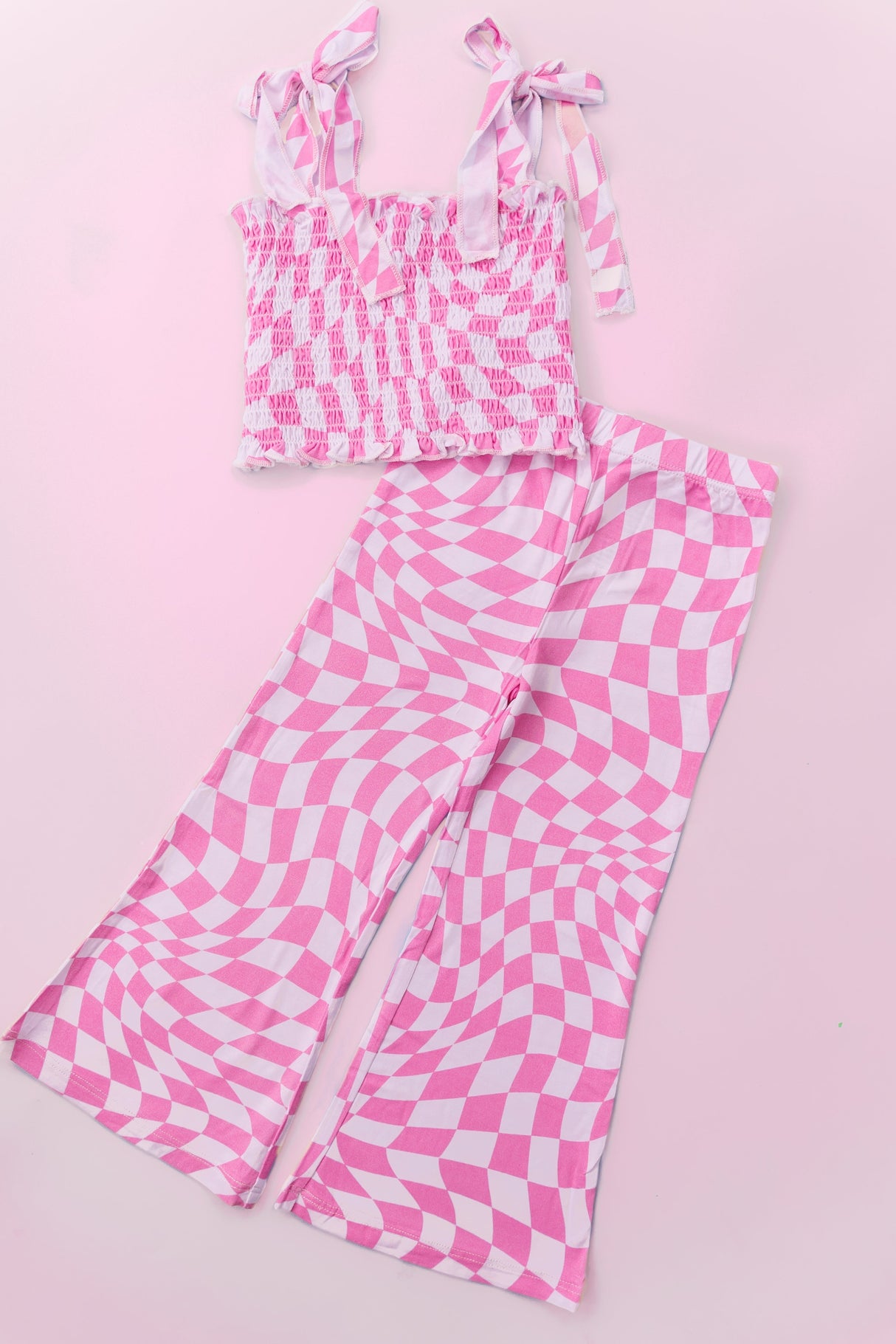 BUBBLEGUM WAVY CHECKERS DREAM SMOCKED FLARE SET from DREAM BIG LITTLE CO