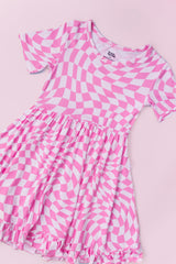 BUBBLEGUM WAVY CHECKERS DREAM RUFFLE DRESS from DREAM BIG LITTLE CO