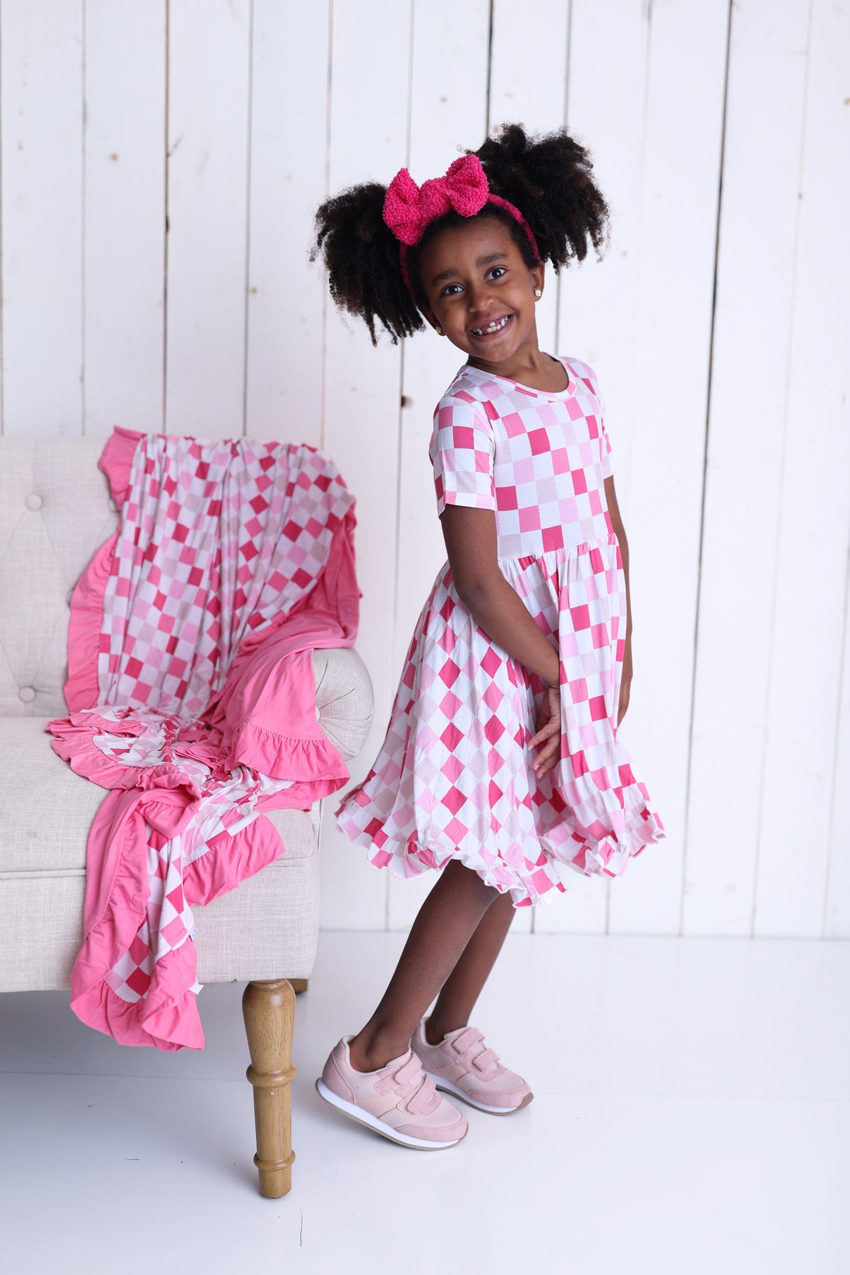 DREAMY PINK CHECKERS DREAM RUFFLE DRESS from DREAM BIG LITTLE CO
