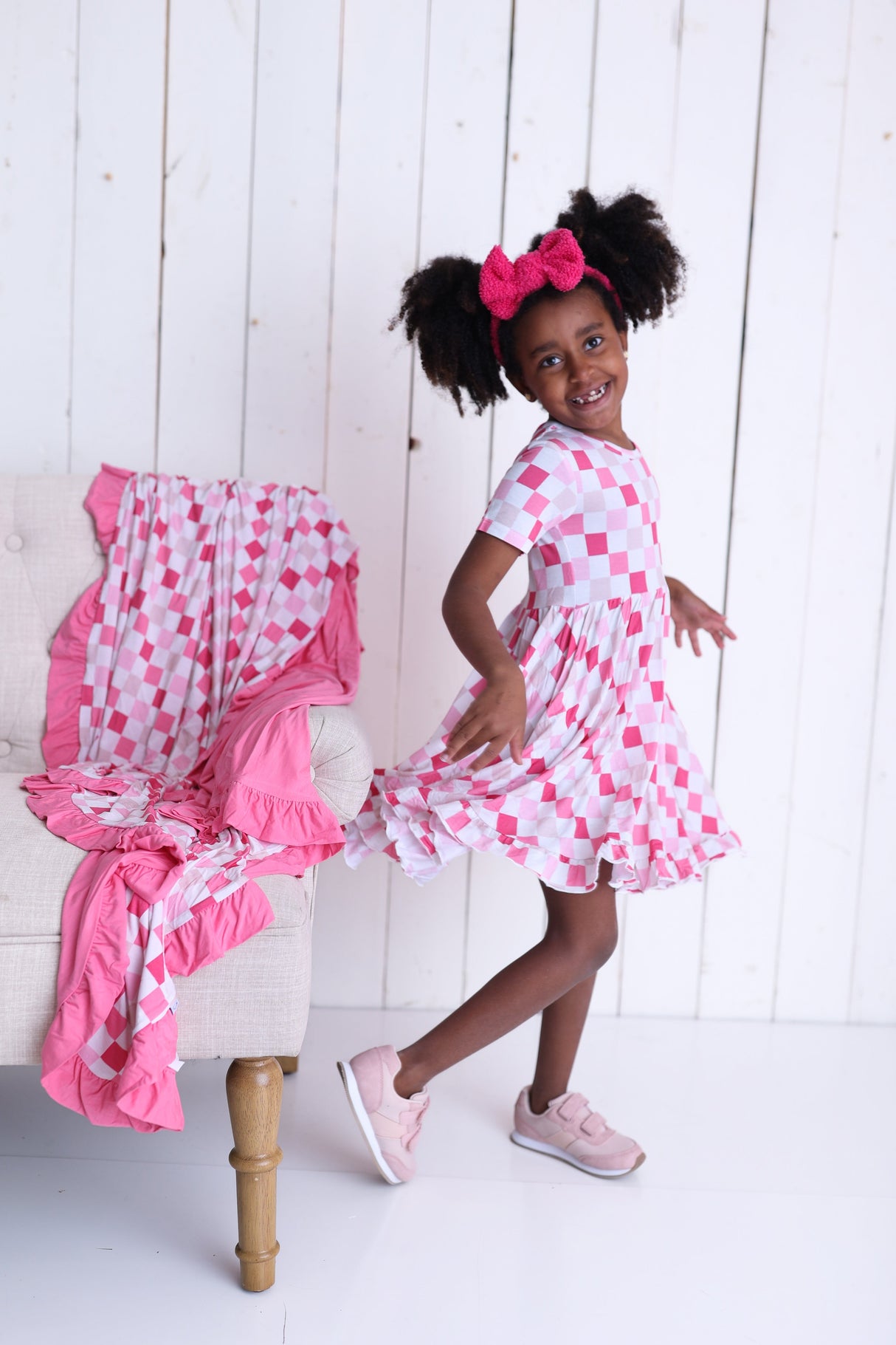 DREAMY PINK CHECKERS DREAM RUFFLE DRESS from DREAM BIG LITTLE CO