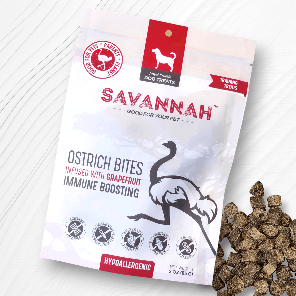 Ostrich Bites with Grapefruit (3oz): The Tasty, Immune-Boosting Treat for Dogs from Savannah Pet Food