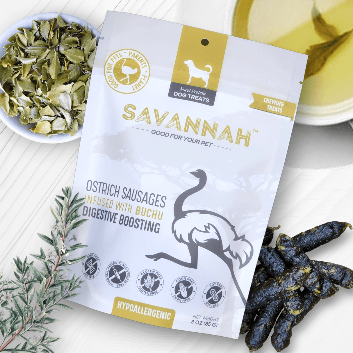 Ostrich Sausages with Buchu (3oz): The Delicious, Digestive-Boosting Treat for Dogs from Savannah Pet Food