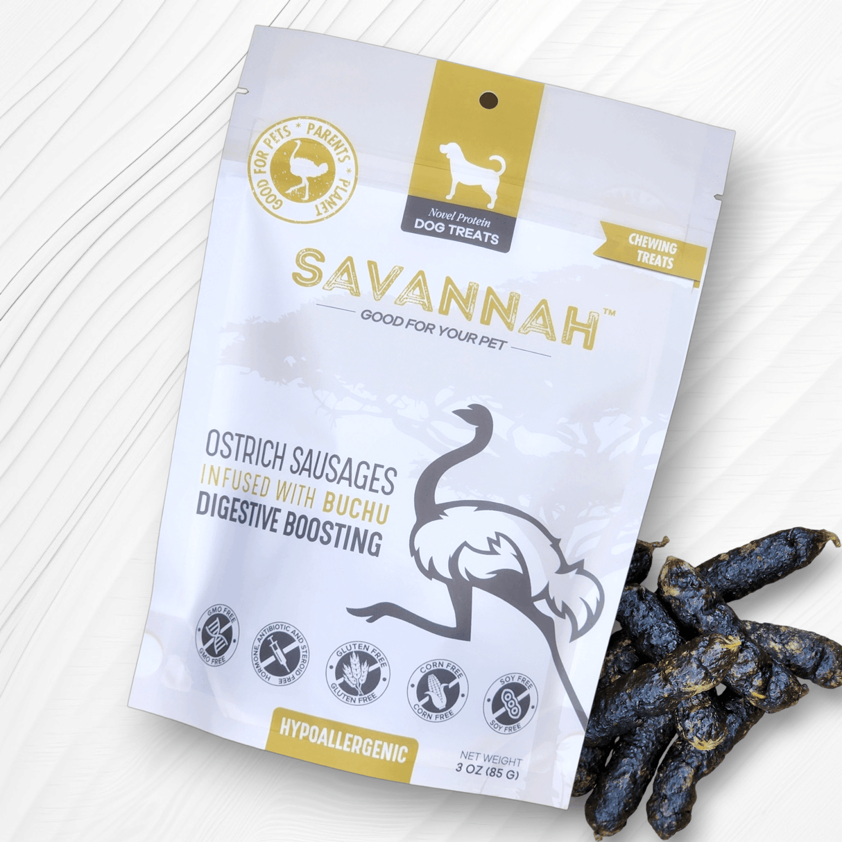 Ostrich Sausages with Buchu (3oz): The Delicious, Digestive-Boosting Treat for Dogs from Savannah Pet Food