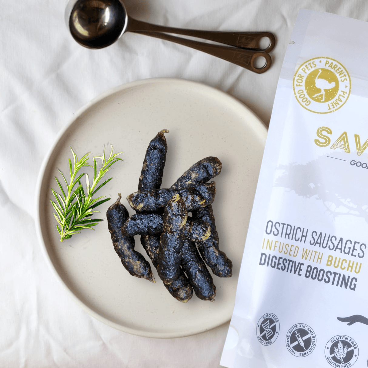 Ostrich Sausages with Buchu (3oz): The Delicious, Digestive-Boosting Treat for Dogs from Savannah Pet Food