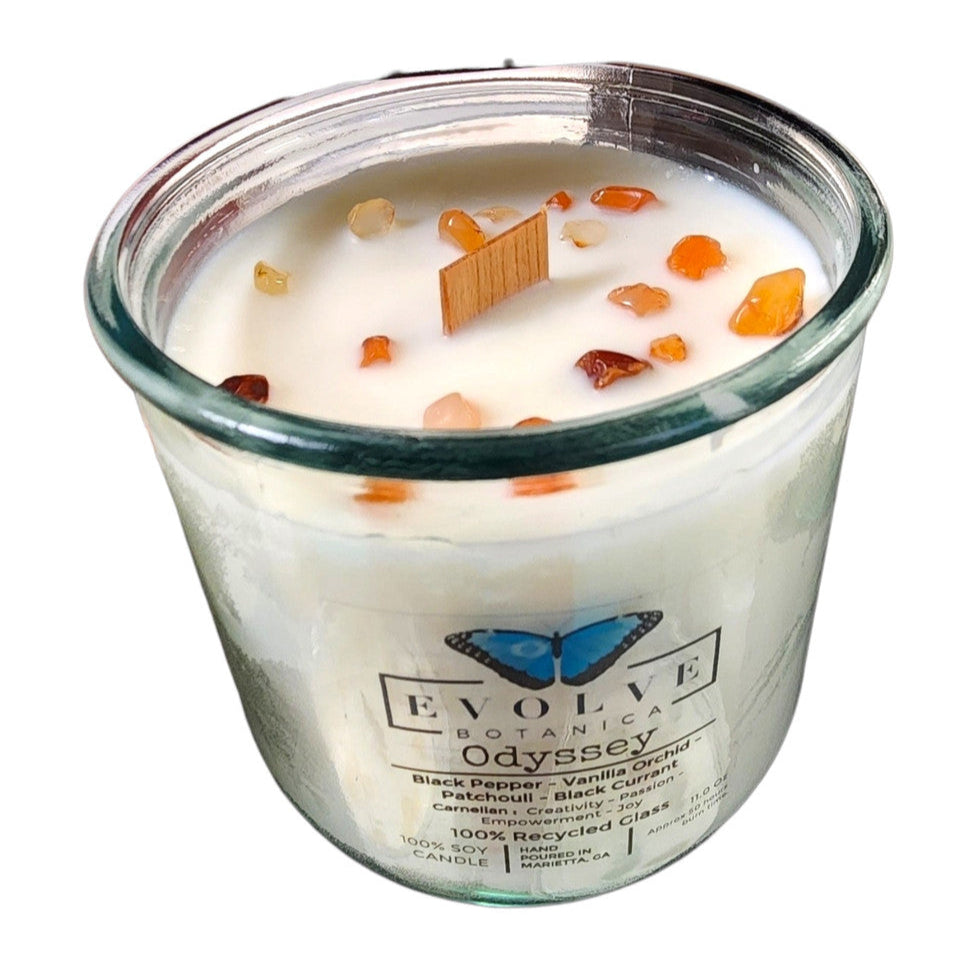 Rocks Candle - Odyssey (Wood Wick Carnelian Gemstone Soy Candle) from Evolve Botanica