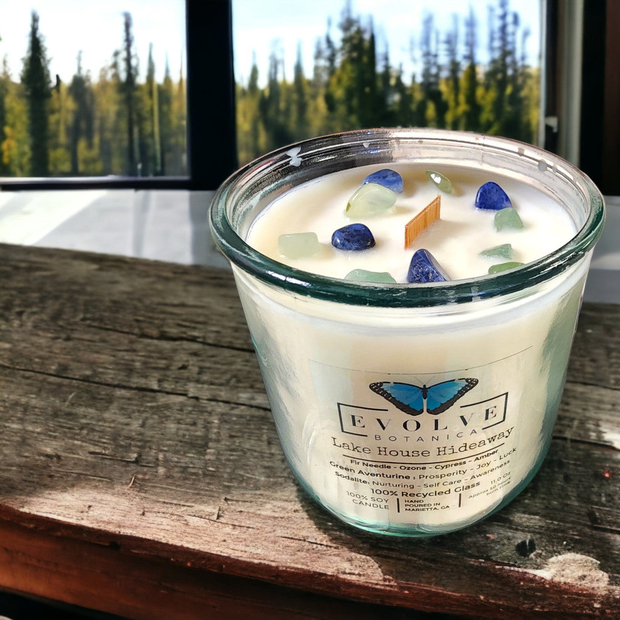 Rocks Candle - Lake House Hideaway (Wood Wick Green Aventurine Gemstone Soy Candle) from Evolve Botanica