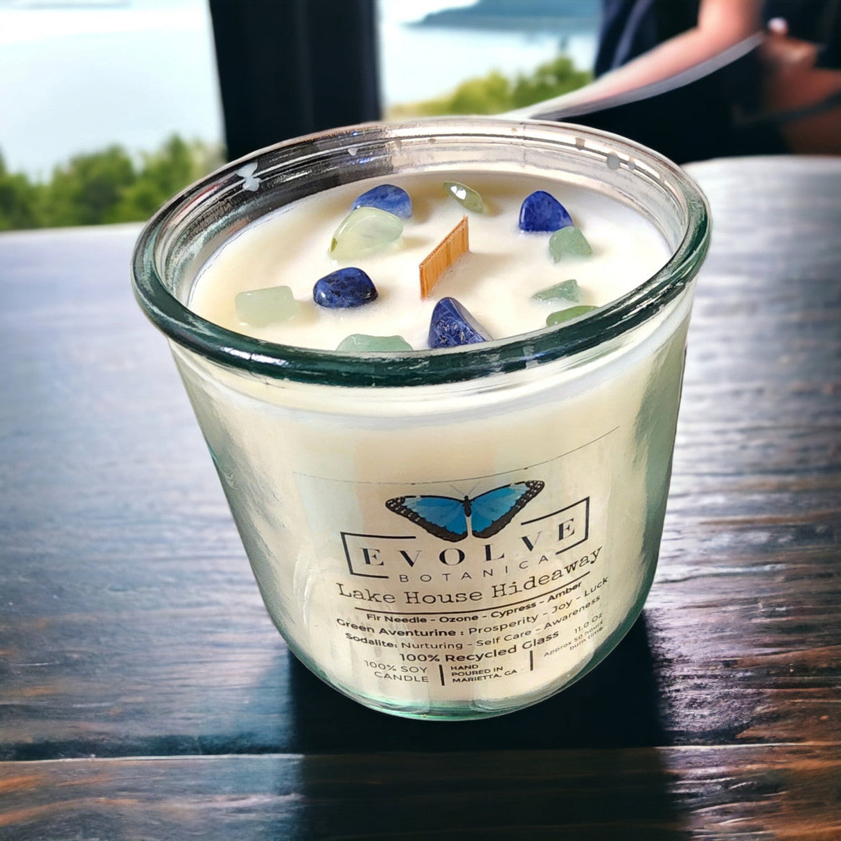 Rocks Candle - Lake House Hideaway (Wood Wick Green Aventurine Gemstone Soy Candle) from Evolve Botanica