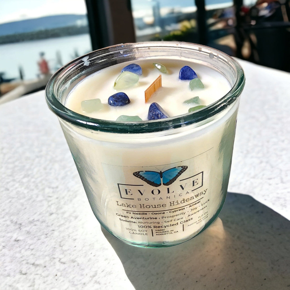 Rocks Candle - Lake House Hideaway (Wood Wick Green Aventurine Gemstone Soy Candle) from Evolve Botanica