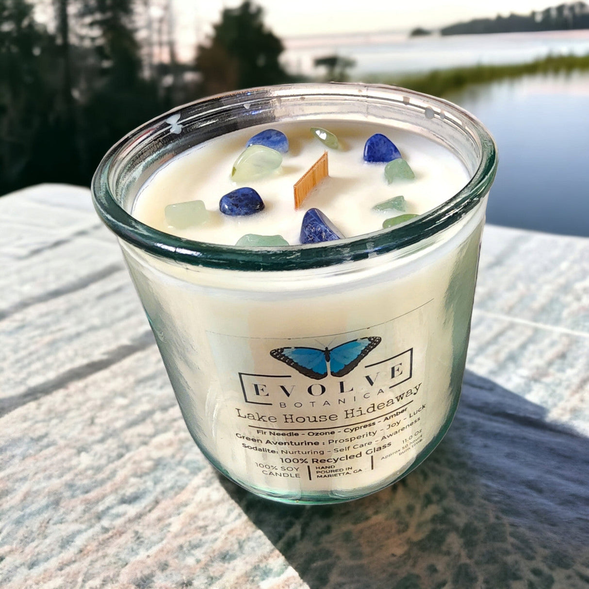 Rocks Candle - Lake House Hideaway (Wood Wick Green Aventurine Gemstone Soy Candle) from Evolve Botanica