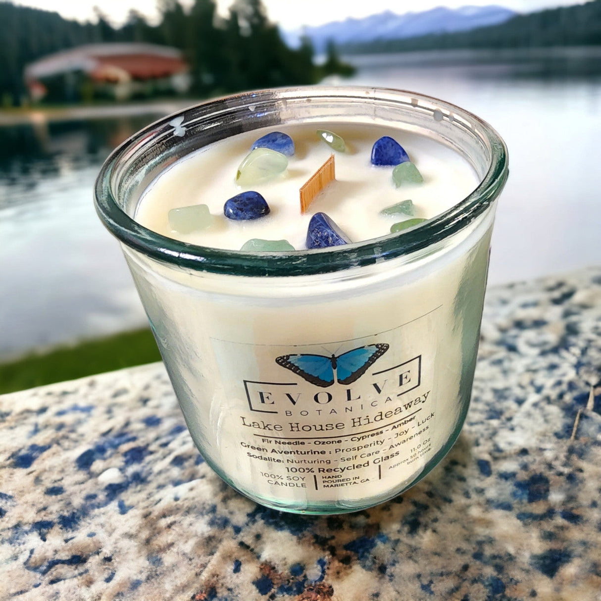 Rocks Candle - Lake House Hideaway (Wood Wick Green Aventurine Gemstone Soy Candle) from Evolve Botanica