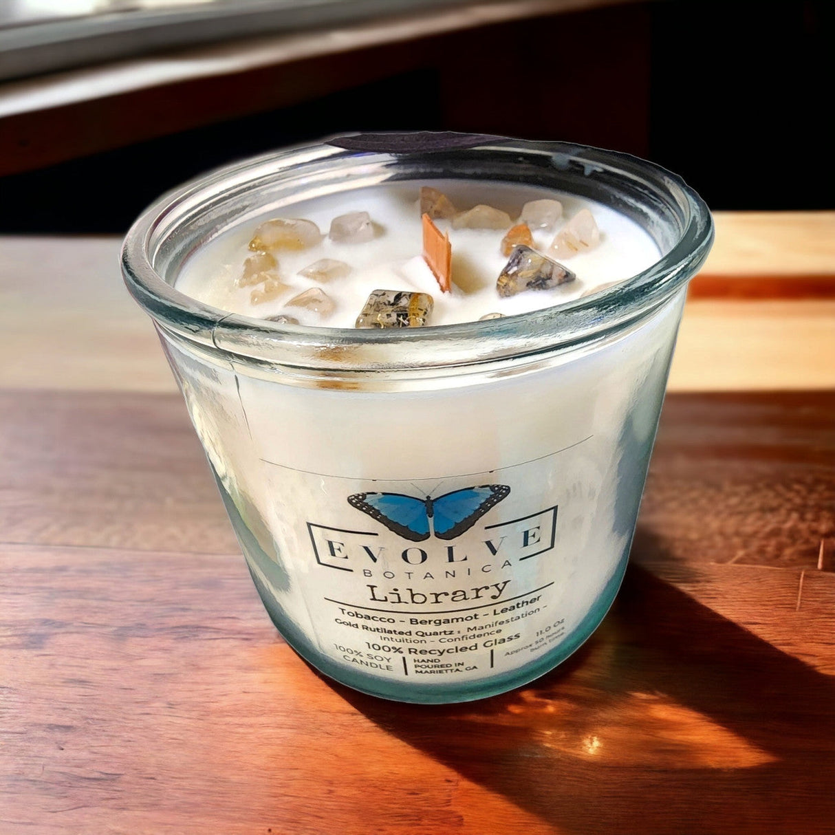 Rocks Candle - Library (Wood Wick Gold Rutilated Quartz Gemstone Soy Candle) from Evolve Botanica