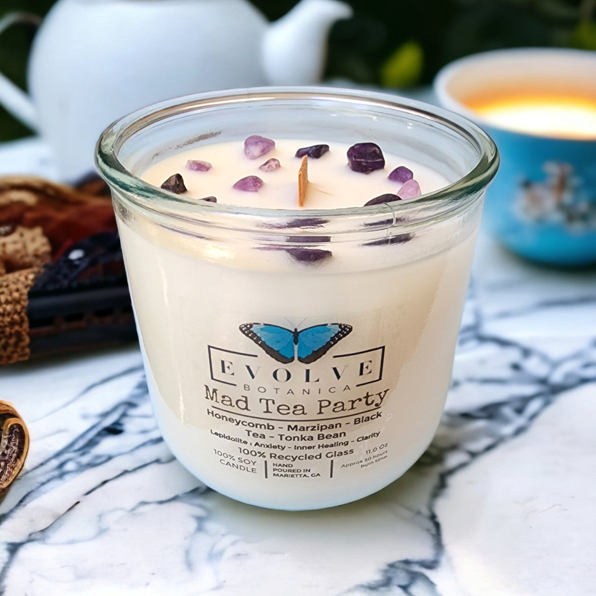 Rocks Candle - Mad Tea Party (Wood Wick Lepidolite Gemstone Soy Candle) from Evolve Botanica