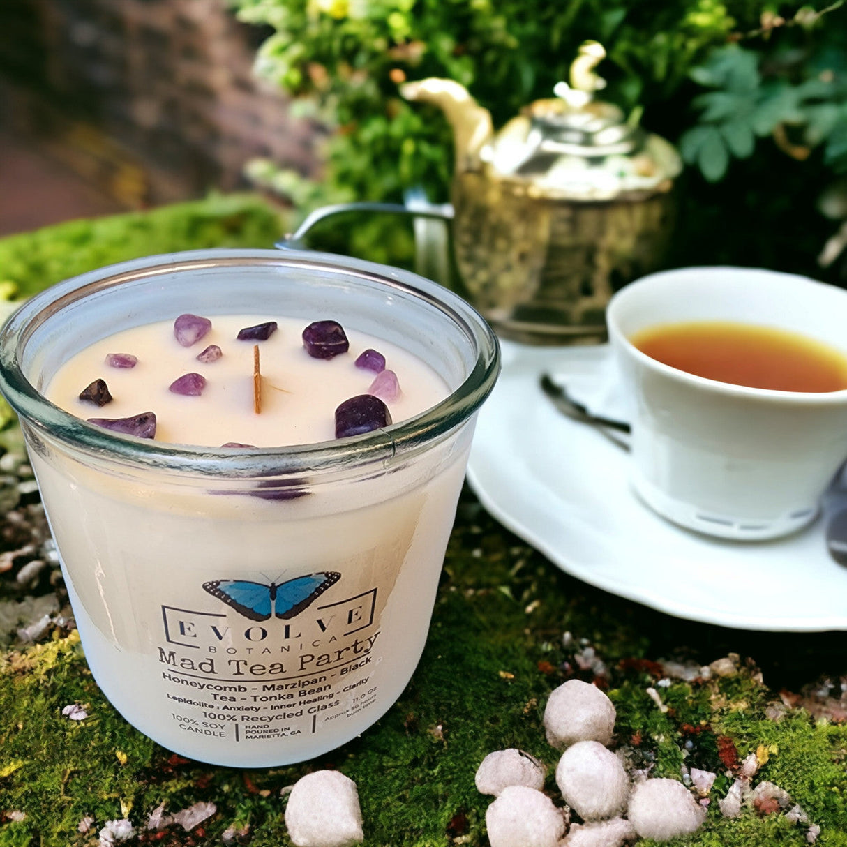 Rocks Candle - Mad Tea Party (Wood Wick Lepidolite Gemstone Soy Candle) from Evolve Botanica