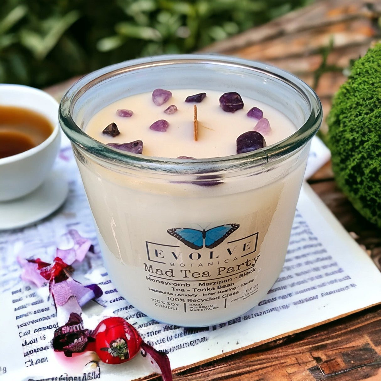 Rocks Candle - Mad Tea Party (Wood Wick Lepidolite Gemstone Soy Candle) from Evolve Botanica