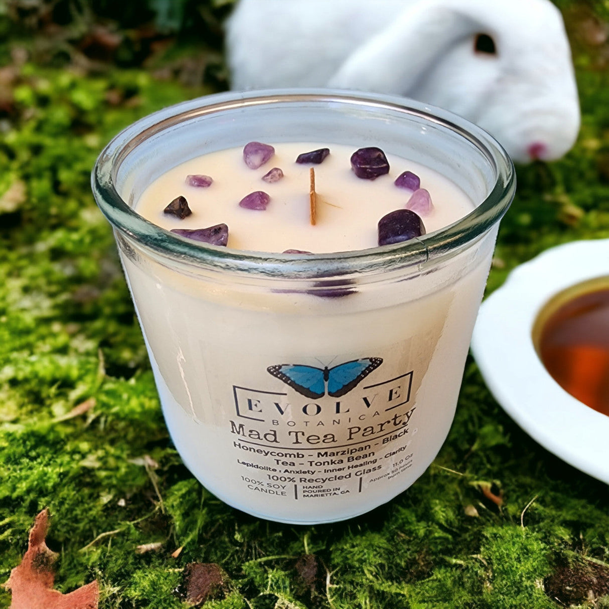 Rocks Candle - Mad Tea Party (Wood Wick Lepidolite Gemstone Soy Candle) from Evolve Botanica