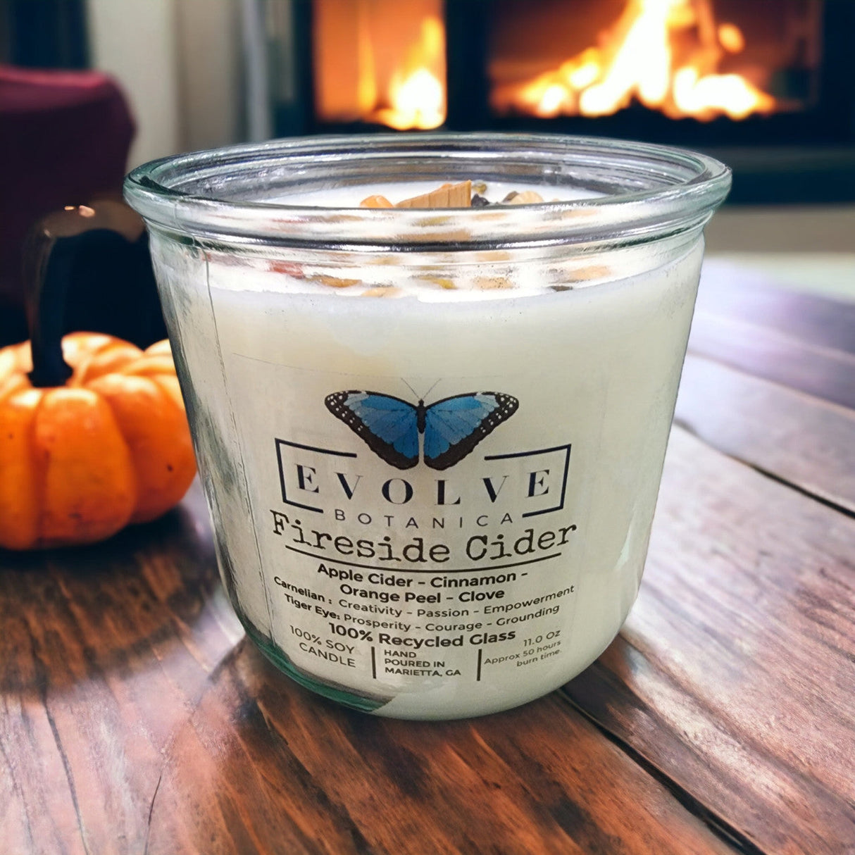 Rocks Candle - Fireside Cider (Wood Wick Carnelian & Tigers Eye Gemstone Soy Candle)  from Evolve Botanica