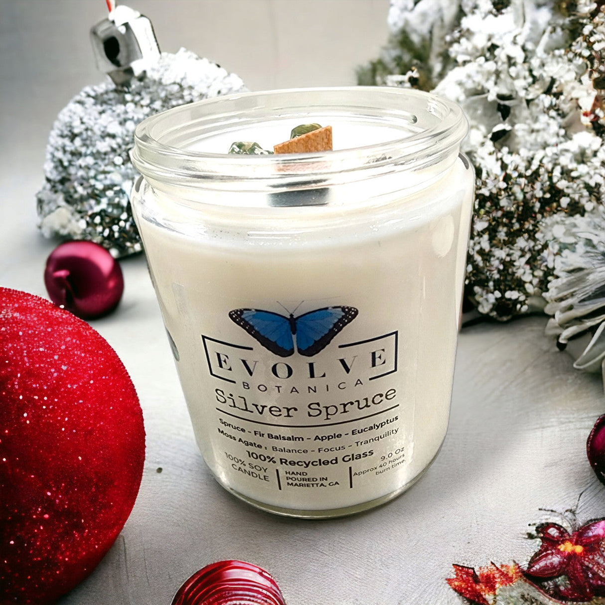 Classic 9oz Jam Jar Crystal Soy Candle - Silver Spruce (Moss Agate) from Evolve Botanica