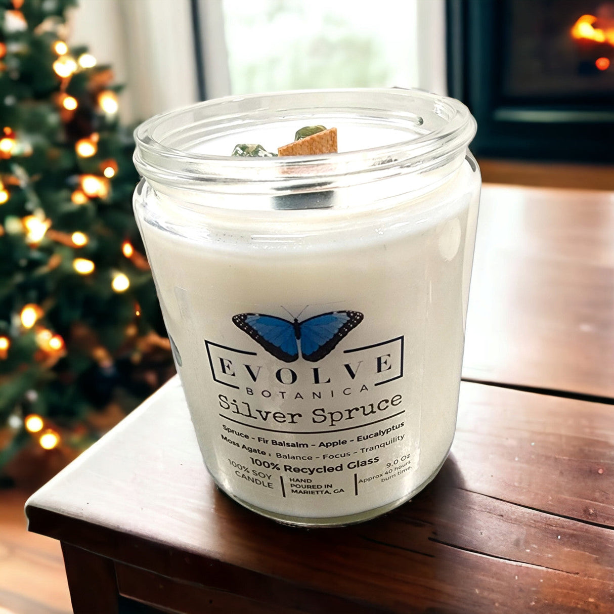 Classic 9oz Jam Jar Crystal Soy Candle - Silver Spruce (Moss Agate) from Evolve Botanica