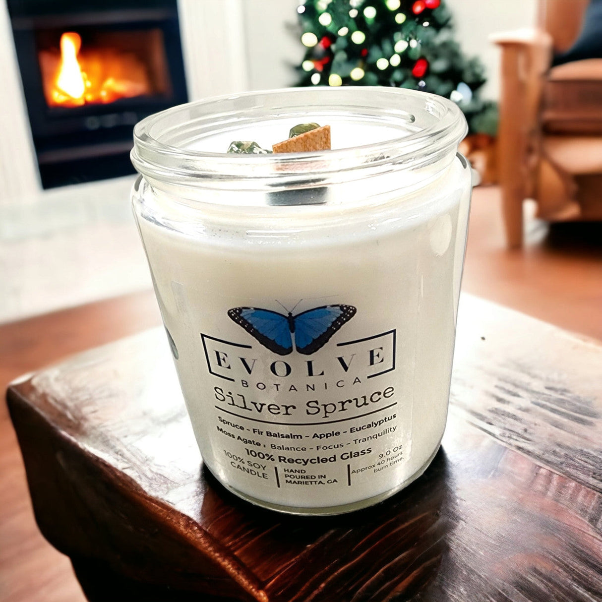 Classic 9oz Jam Jar Crystal Soy Candle - Silver Spruce (Moss Agate) from Evolve Botanica