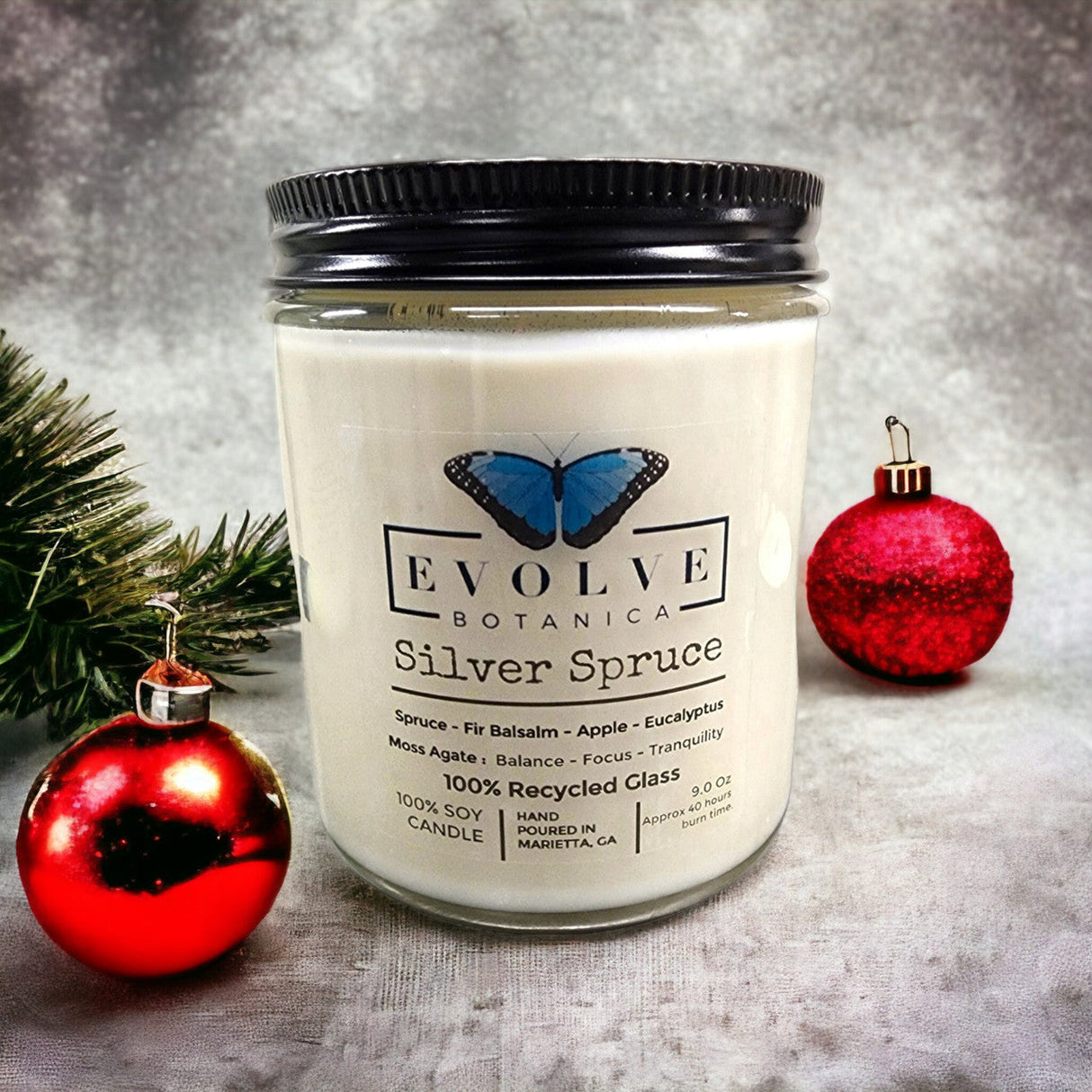Classic 9oz Jam Jar Crystal Soy Candle - Silver Spruce (Moss Agate) from Evolve Botanica