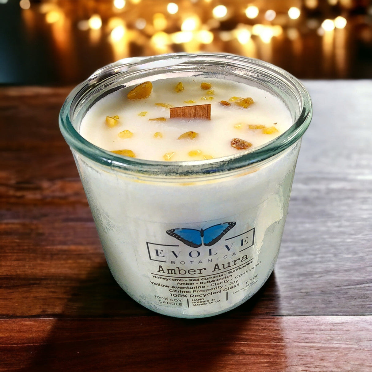Rocks Candle - Warm Wishes (Wood Wick Citrine & Aventurine Gemstone Soy Candle) from Evolve Botanica