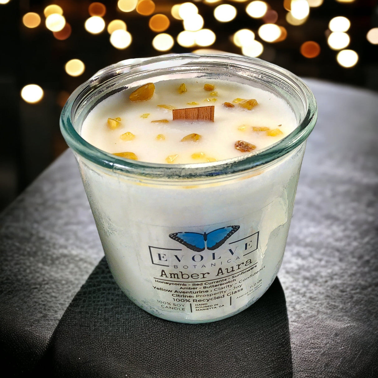 Rocks Candle - Warm Wishes (Wood Wick Citrine & Aventurine Gemstone Soy Candle) from Evolve Botanica