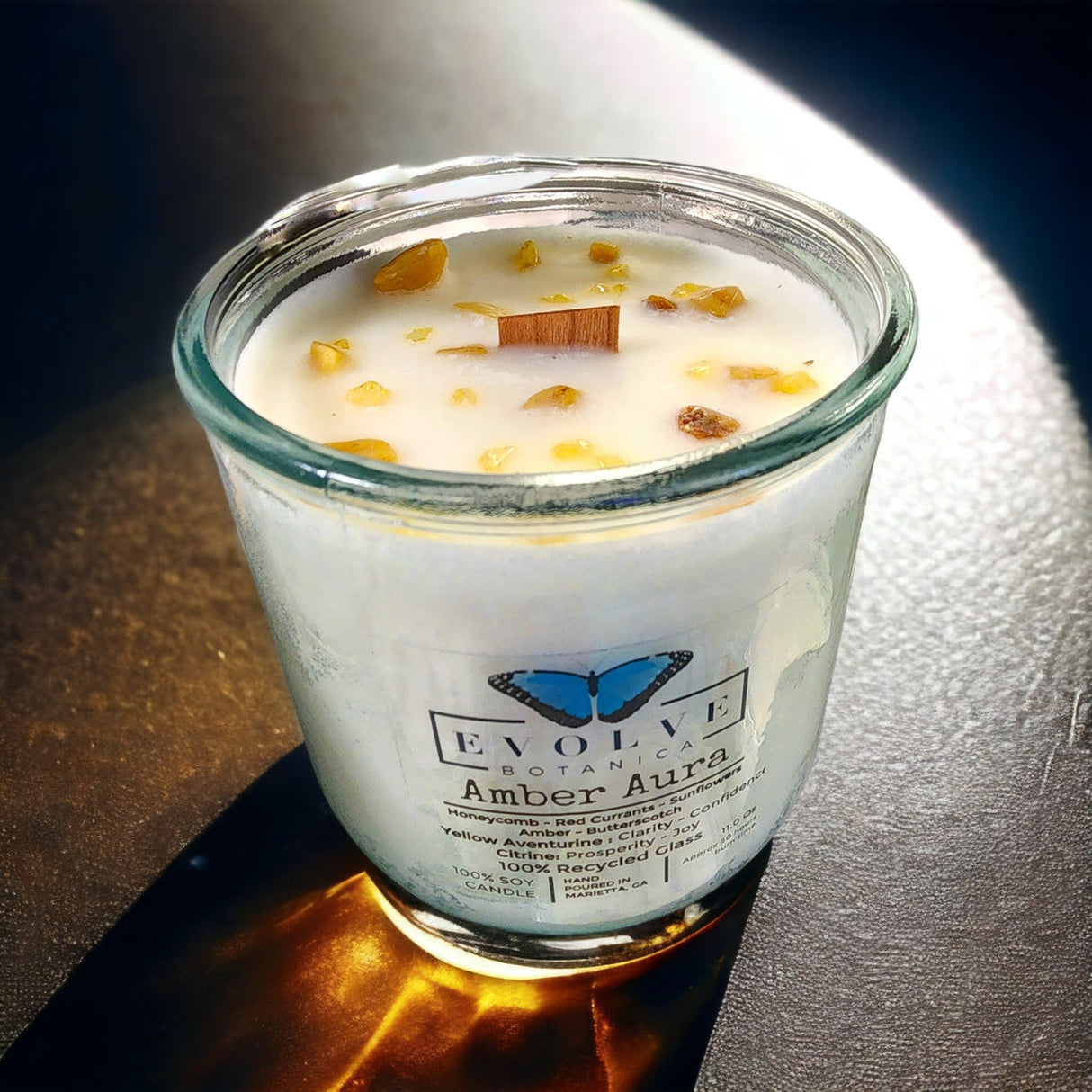 Rocks Candle - Warm Wishes (Wood Wick Citrine & Aventurine Gemstone Soy Candle) from Evolve Botanica