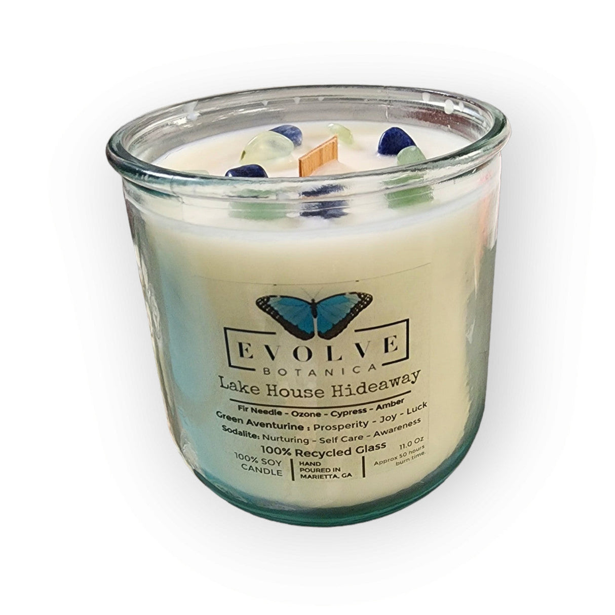 Rocks Candle - Lake House Hideaway (Wood Wick Green Aventurine Gemstone Soy Candle) from Evolve Botanica